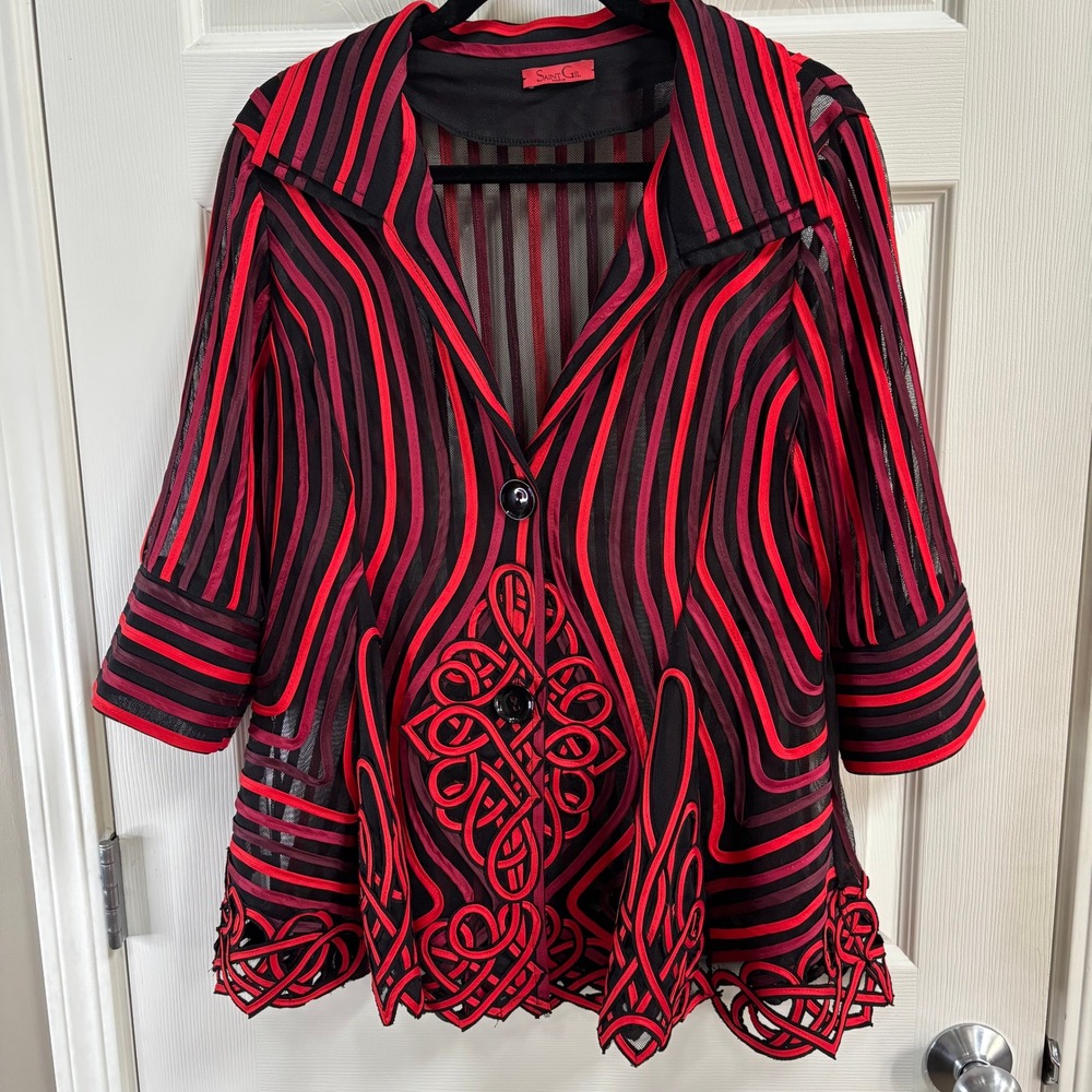Vintage Saint Gil Paris Womens Red Black Sheer Mesh Soutache Stripe Jacket